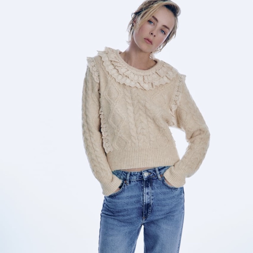 Zara ruffle knit pearl sweater.